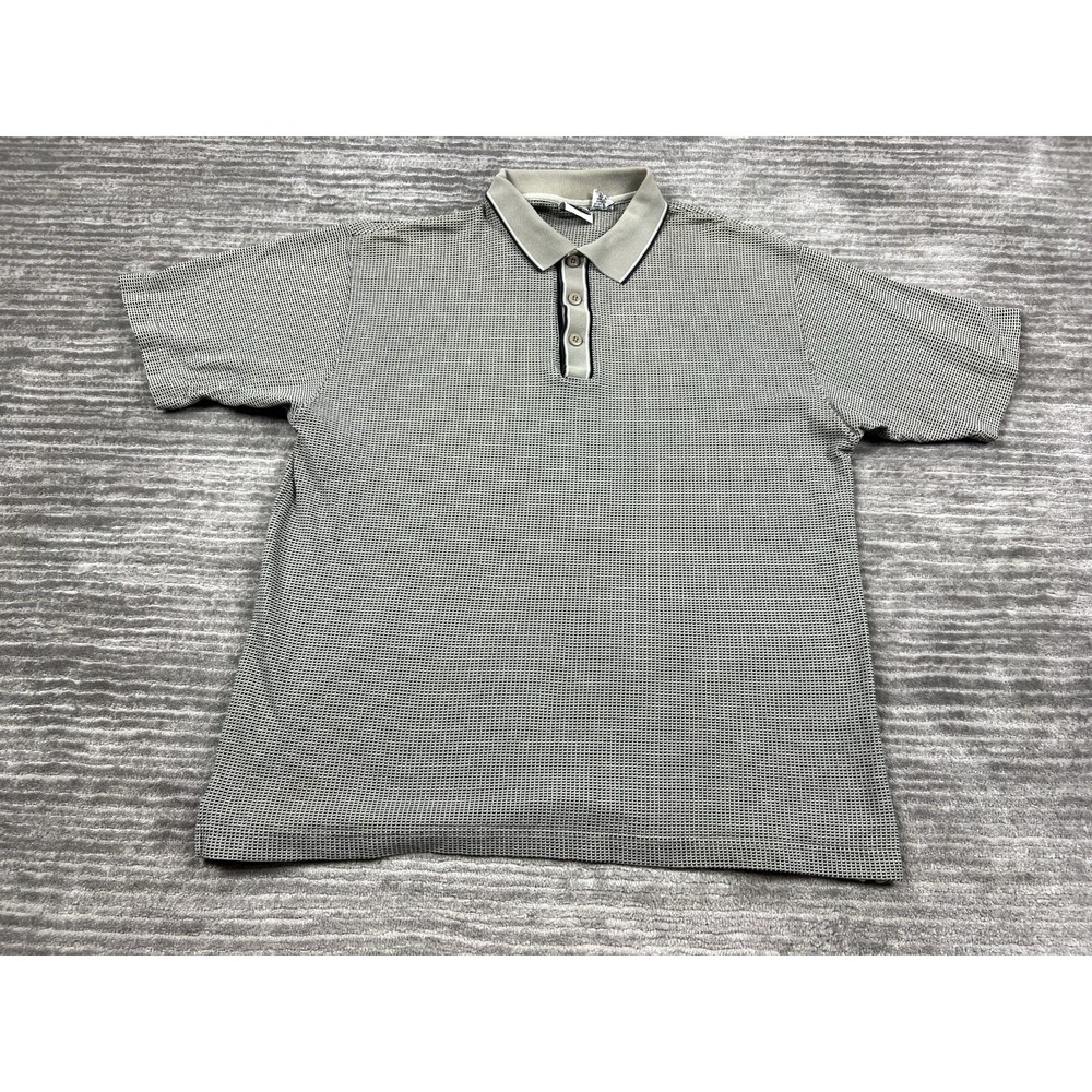 Bugle Boy Polo Shirt Men Large Tan Black Micro Grid Textured Short Sleeve Cotton